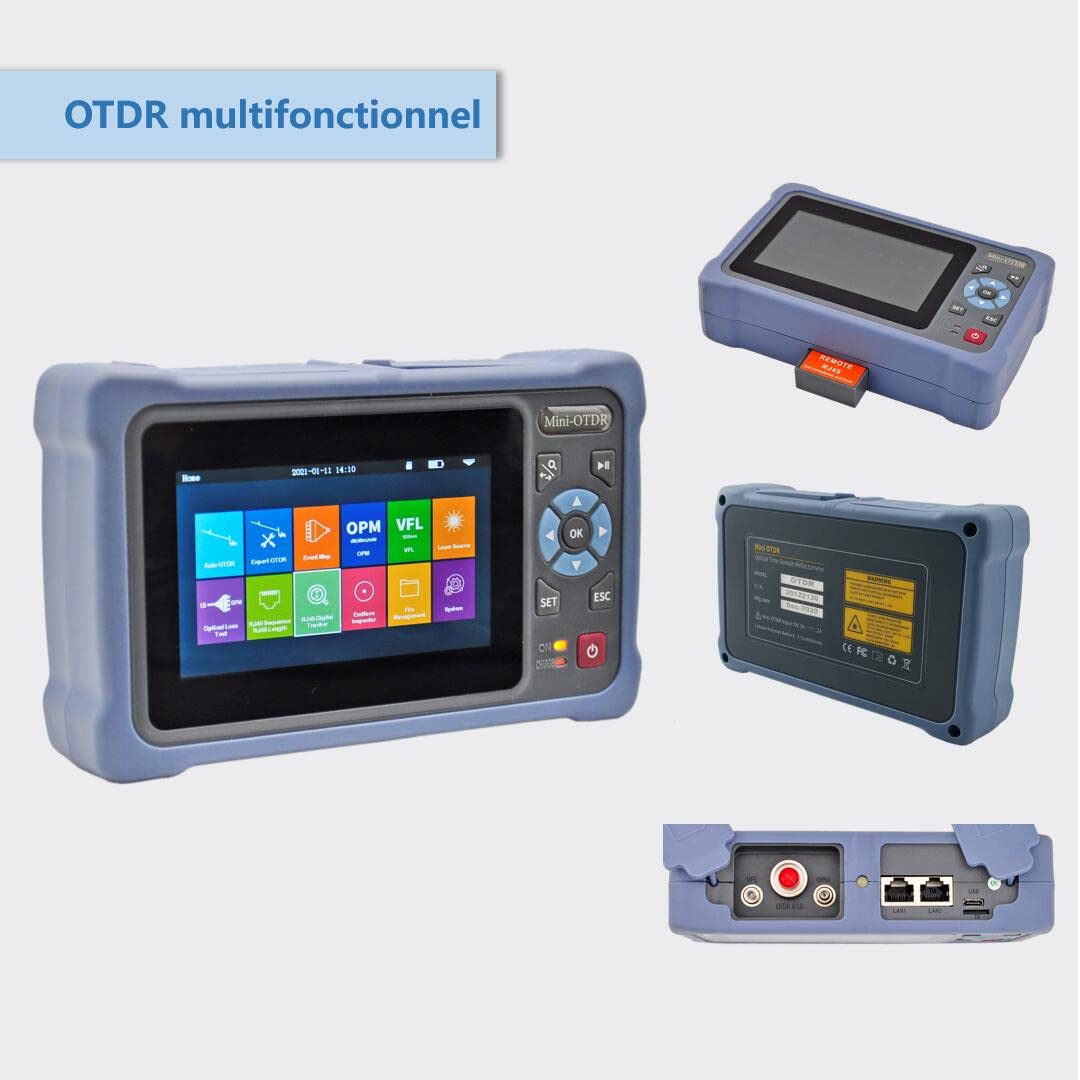 OTDR Fibre Optique 1310/1550nm 26/24dB avec écran tactile de 4,3 pouces, Reflectometre fibre optique OTDR 11-en-1 avec carte des événements VFL OPM OLS RJ45, connecteurs FC/UPC SC ST LC inclus