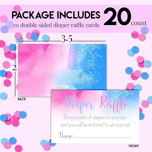 Miniatura 6 de AmandaCreation - Boletos para rifas de pañales de acuarela rosa y azul para baby showers de revelación de género, 20 tarjetas de inserción de doble