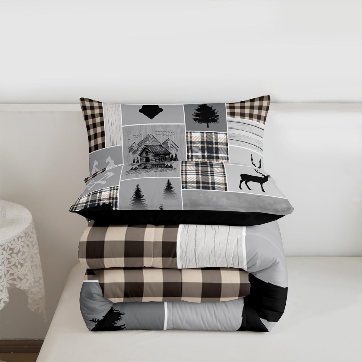Erosebridal Rustic Patchwork Comforter Set Twin Retro Cabin Decor Bedding Set for Kids Boys Teens Adult, Woodland Bear Deer Quilt Vintage Wild Animal Cowboy Duvet Insert Farmhouse Decorations, Grey