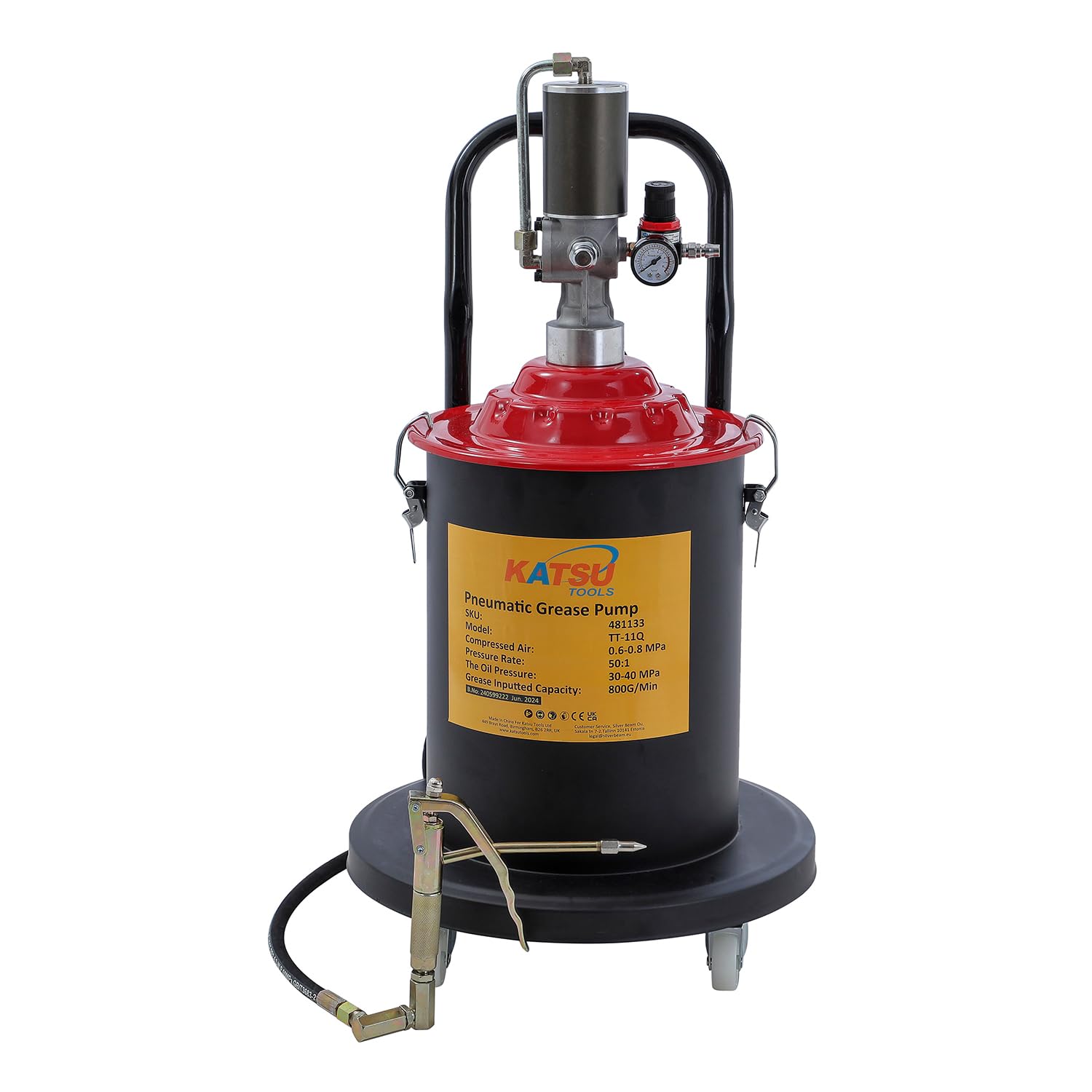 KATSU Tools Bomba de Grasa Neumática 20L Bomba de Engrase con Aire a Presión Dispensador de Pistola de Grasa de Aire Portátil con 12ft Manguera, 450 Bar, para Maquinaria de Automóviles y Camiones