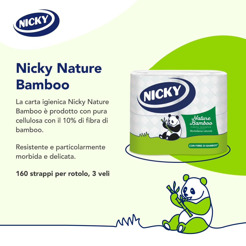 Nicky Nature Bamboo - 28 Rotoli di Carta Igienica, 160 Soffici Fogli a 3 veli di Pura Cellulosa e Arricchiti di Fibre di Bamboo, Morbida e Confortevole, Sostenibile Dentro e Fuori, Bianca