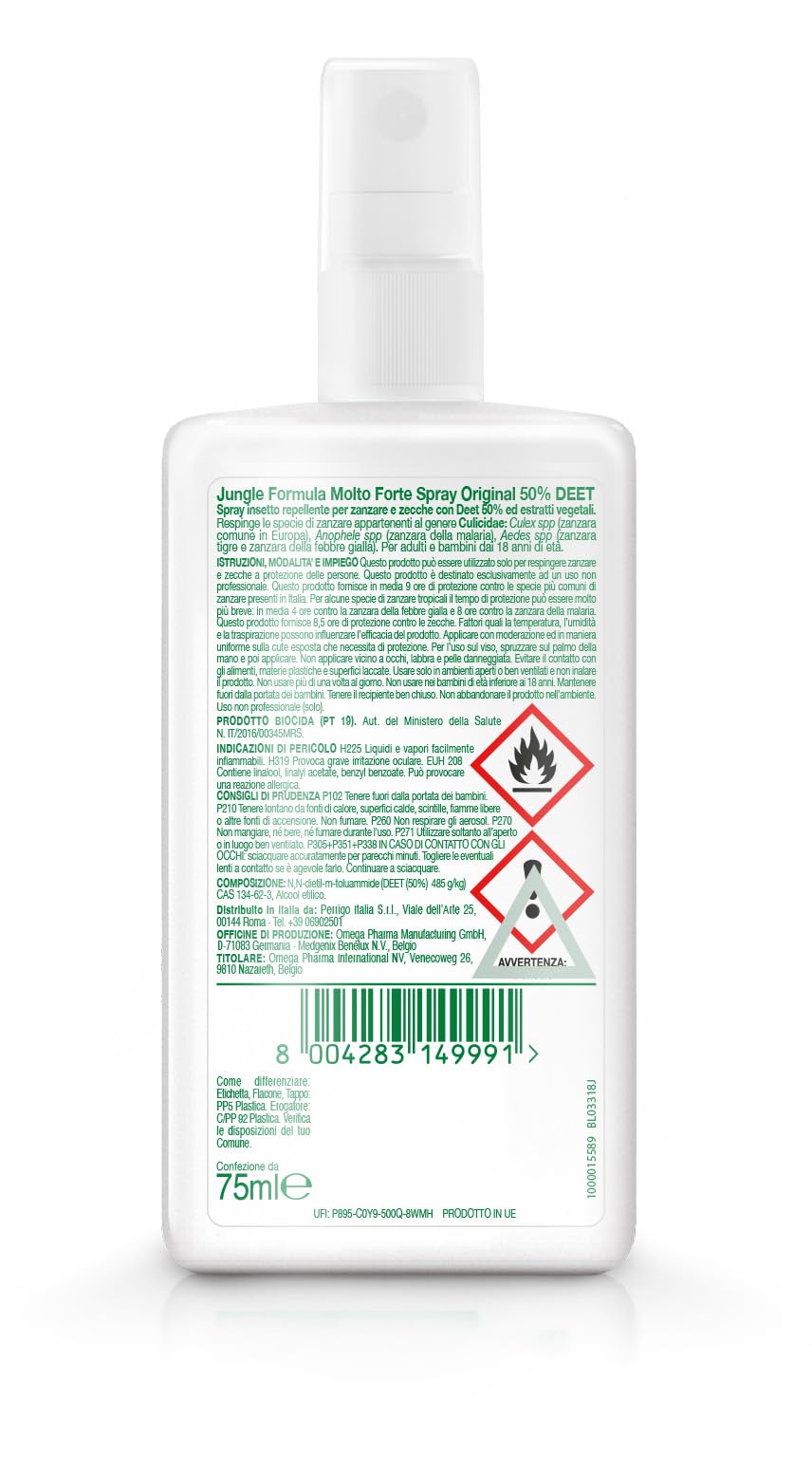 Jungle Formula Molto Forte Spray Repellente antizanzare - Fino a 9 ore di protezione - Zanzare, zecche, insetti aggressivi - Deet 50% - Condizioni estreme, viaggi tropicali e zone infestate - 75 ml