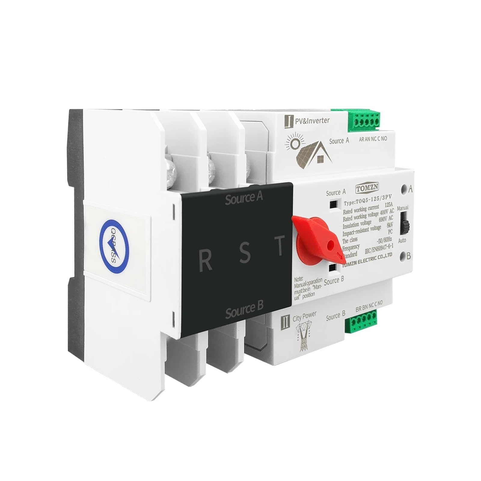 VSPPJYFG 3P 3 Phase Din Rail ATS for PV and Inverter Dual Power Automatic Transfer Selector Switches Uninterrupted 63A 100A 125A(25v)