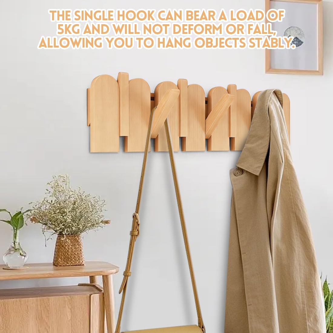 Garderobenhaken Holz Wand, Holzplatte Garderobenleiste Faltbarer Kleiderhaken mit 5 Haken, Stäbchen Garderobenhaken, 42.5*14cm, wandgarderobe bis 25kg für Jacken, Schals, Handtaschen und Mehr