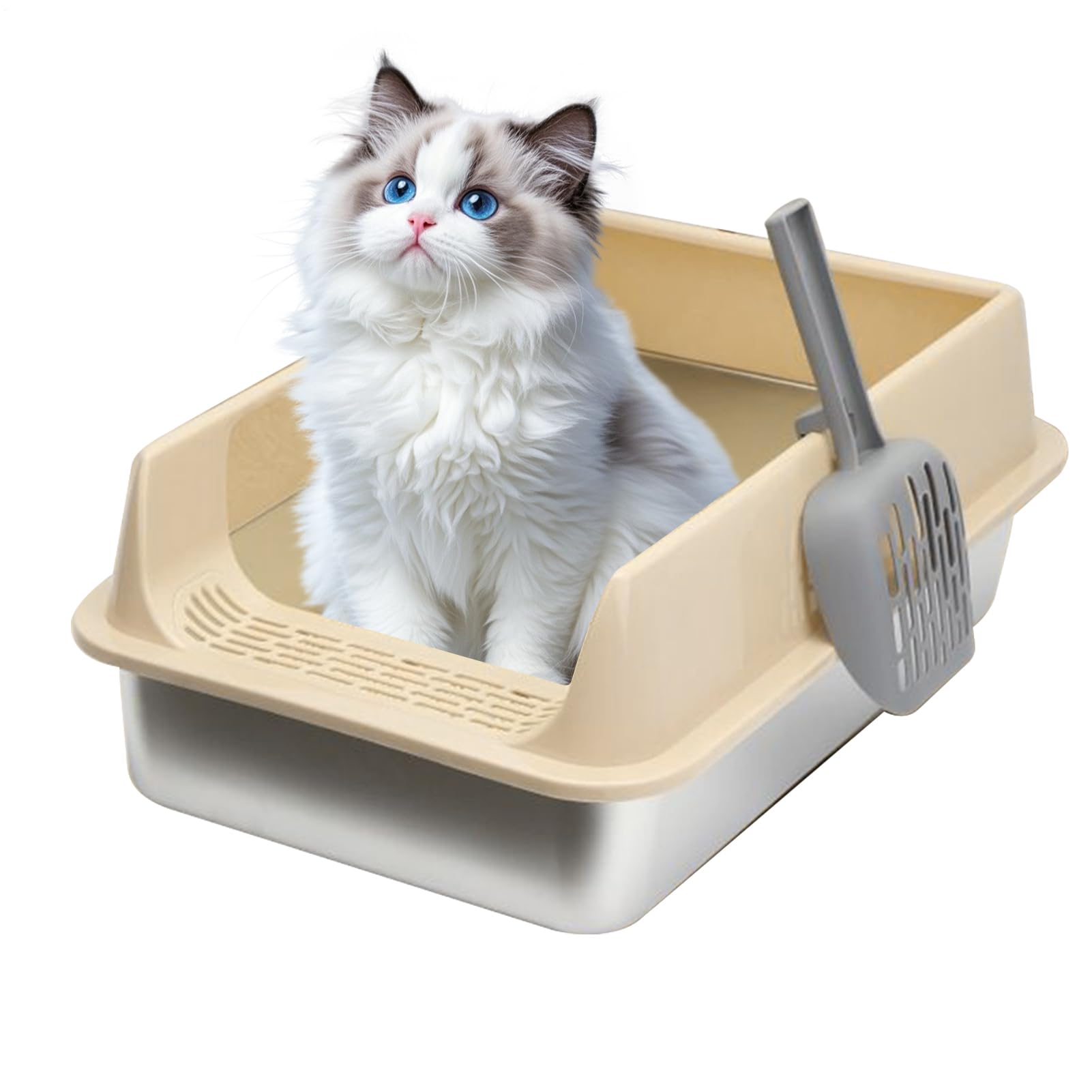 Cassetta Igienica per Gatti in Acciaio Inossidabile - Recinto con Bordi Alti per Lettiera - Vassoio con Fianchi Alti con, Toilette per Gattini per Casa, Appartamento, Salotto, Balcone, Cortile