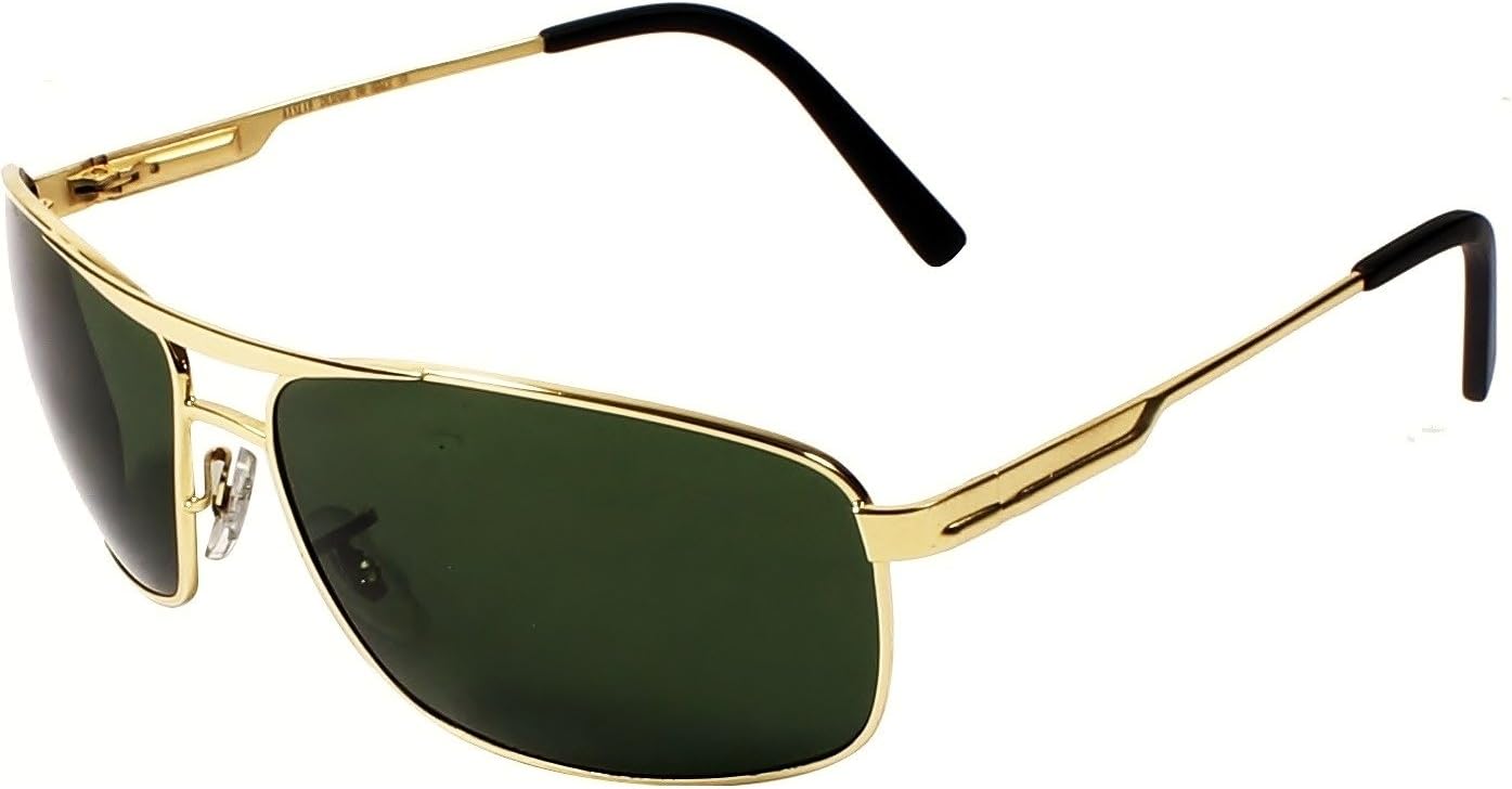 AISLIN® Toughened Glass Rectangular/Aviator Sunglasses For Men - (Dark Green G-15 Lens | Golden Metallic Frame | Large Size | RB3516)