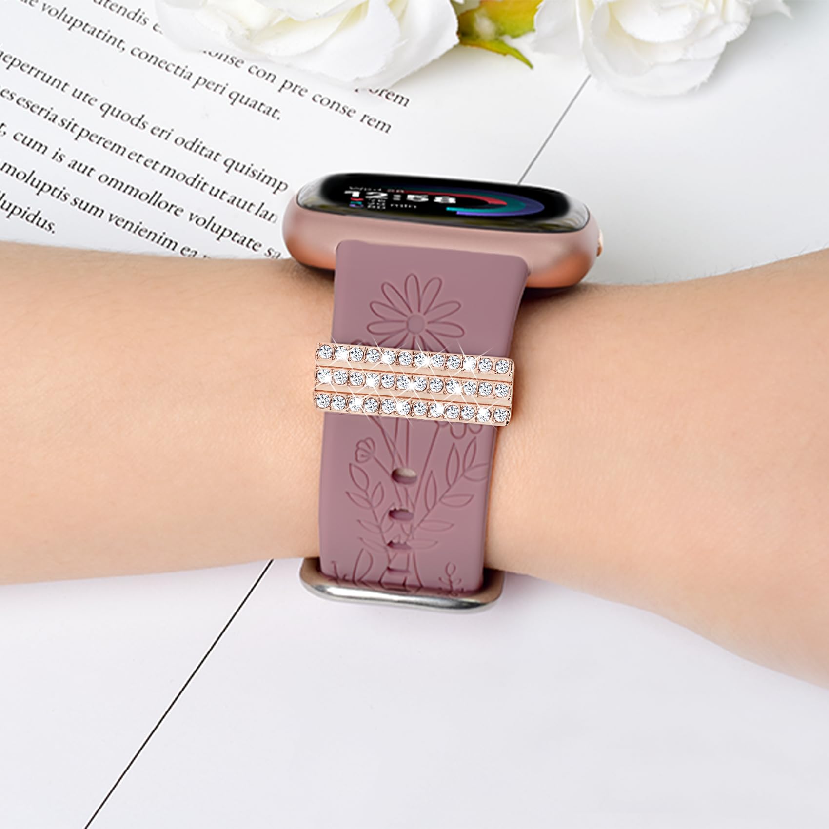 Wildflower Bands Compatible with Fitbit Versa 4/ Versa 3/ Fitbit Sense2/ Sense Bands for Women, 2 Pack Engraved Soft Silicone Sport Strap with Charms, SmartWatch Wristbands Replacement