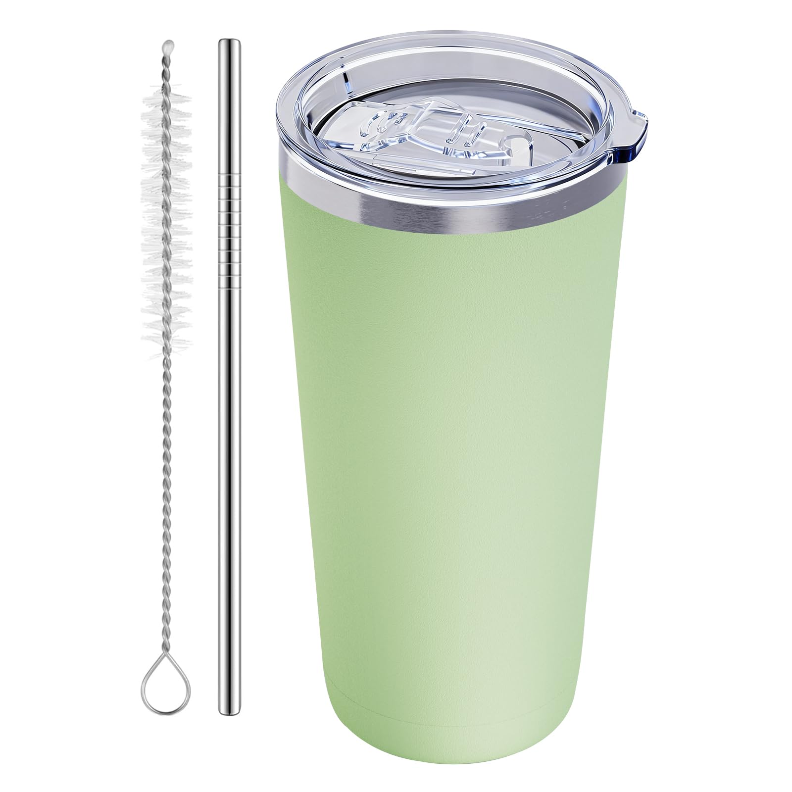 GGQ 20oz Travel Coffee Tumbler, 18/8 Stainless Steel Cup 1 Pack Mint Green | Double Wall Vacuum Retains Hot and Cold Drinks. Car Cup Holder Friendly Design Includes Straw, Brush and Silicone Base Pad.