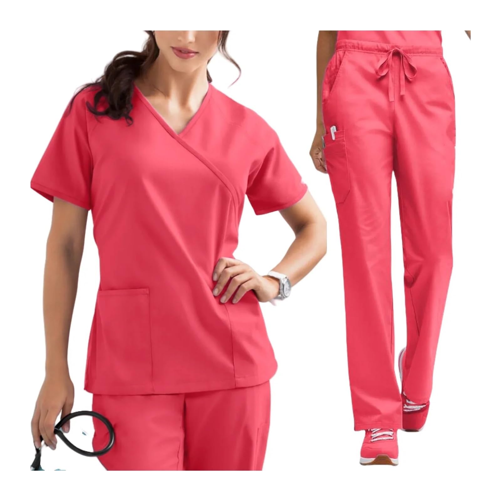 Uniforme Sanitario Mujer Conjunto de Uniformes médicos, Tops elásticos, Pantalones Rectos con Bolsillo, Uniforme Enfermera, cirugía, Ropa Trabajo for salón Belleza y SPA Dulce(Red,L)