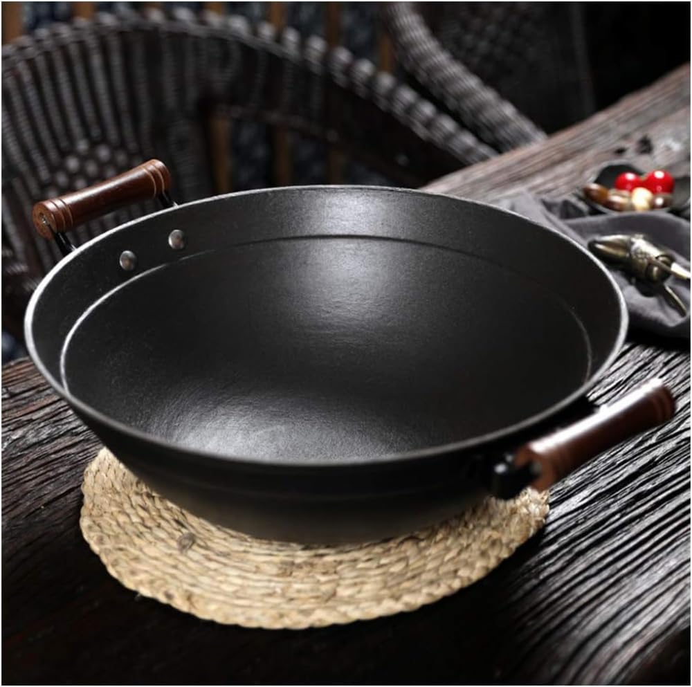 Wok in ghisa Pre-stagionato da 16 Pollici, pentola da Chef con Coperchio e Spazzola(34cm)