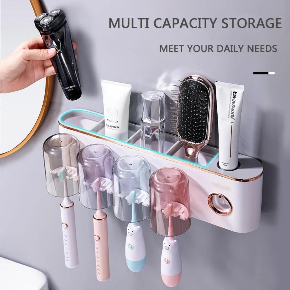 Soporte para cepillo de dientes montado en la pared, organizador de cepillos de dientes de baño con 2/4 tazas, estante de almacenamiento de accesorios de pasta de dientes para el hogar y el baño
