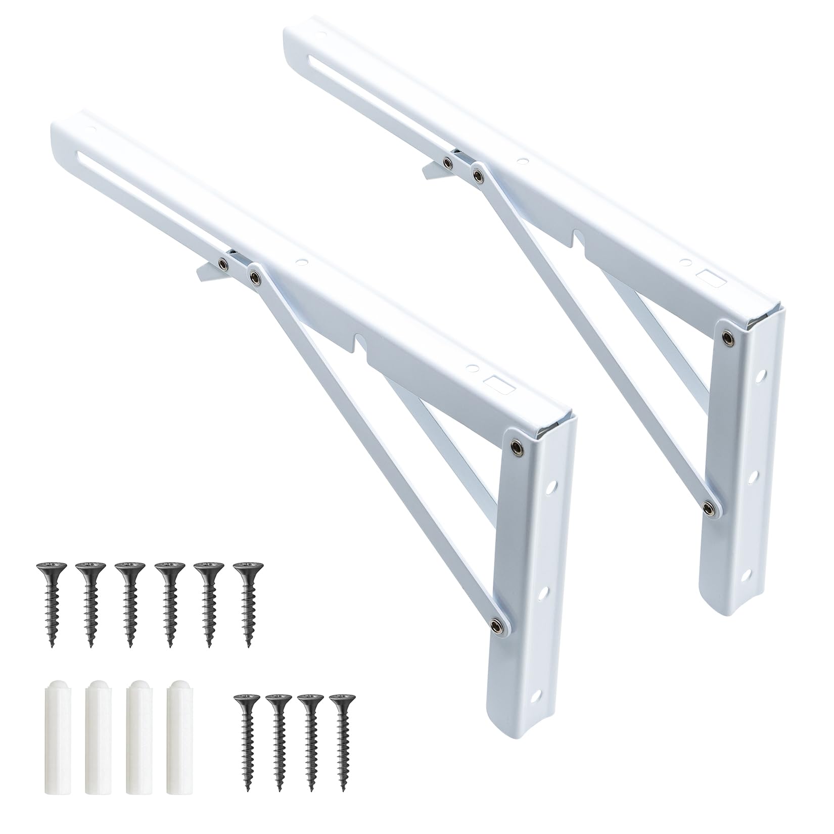2 PcsFolding Shelf Brackets Heavy Duty, Wall Brackets for Shelves, Folding Bracketss, 90 Degree Metal Folding Consoles for Table Foldable Work Bench Kitchen Office Wall - White (8 Inch)