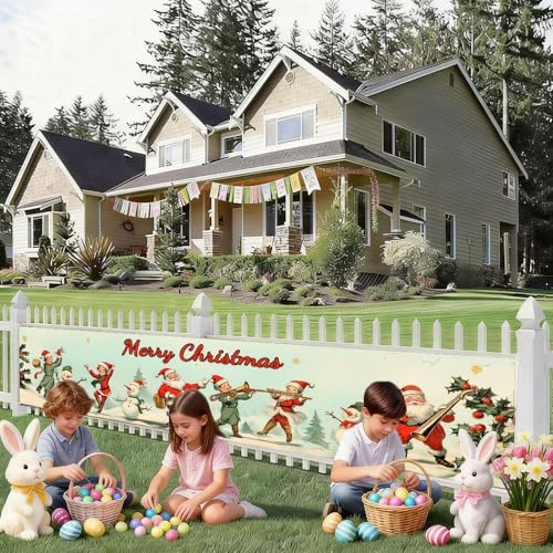 Image of Vintage Santa Music Band Banner 78.7 x 17.7 Inch Retro Holiday Scene with Santa and Snowmen Instruments Design Yard Garden Fence Porch Patio or Winter Celebration Display