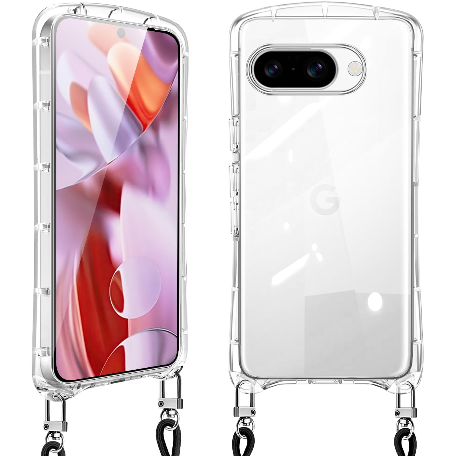 Google Pixel 9a ケース クリア ショルダー ピクセル9a スマホケース カバー 全透明 耐衝撃 肩掛け 首掛け 可愛い かわいい 韓国 透明 TPU 長さ調整可能 取り外し可能(クリア)