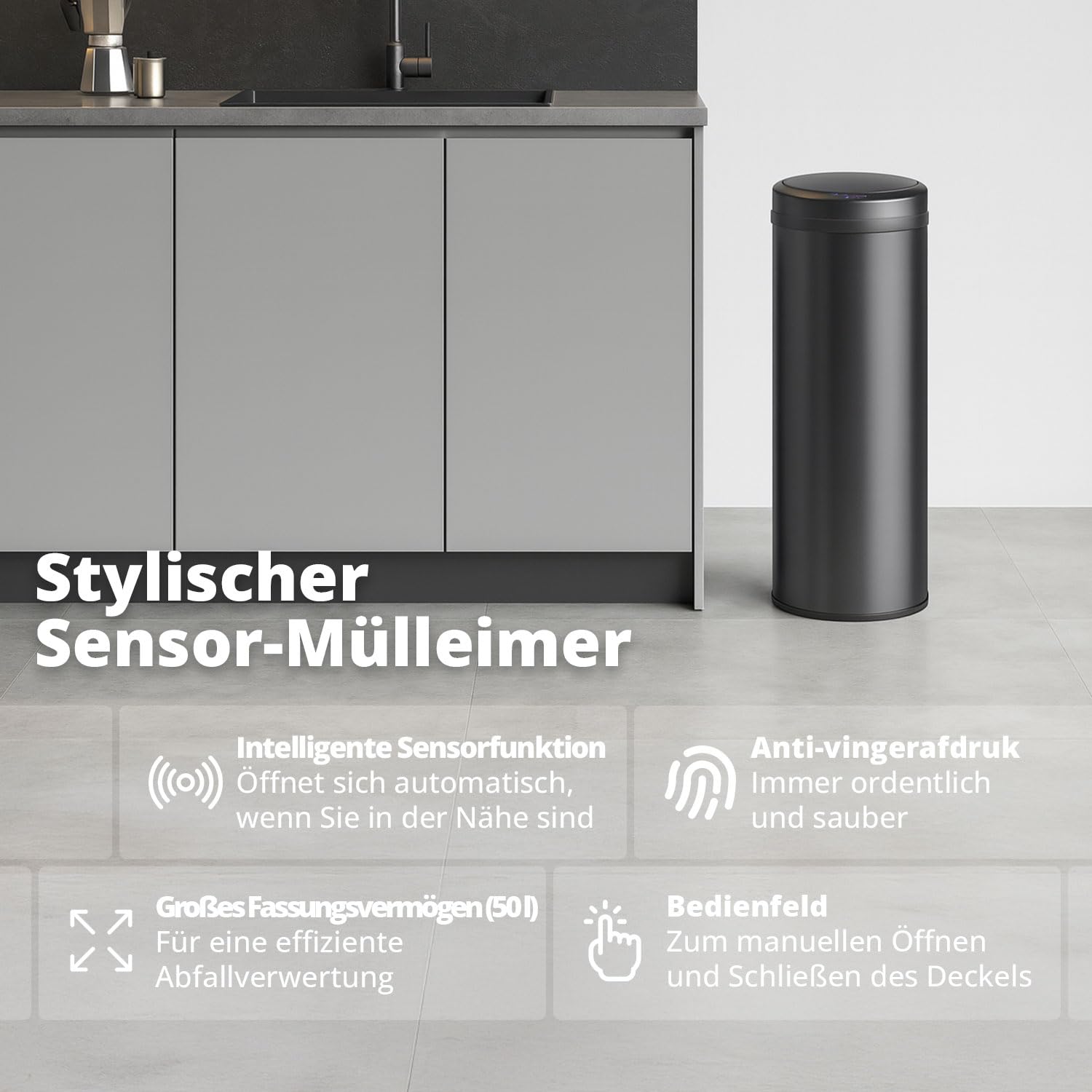FLINQ PEAK 50L Smart Sensor Mülleimer - Schwarz | Automatischer Kuche Mülleimer mit Sensor - Moderner Abfalleimer - Küchenmülleimer Groß