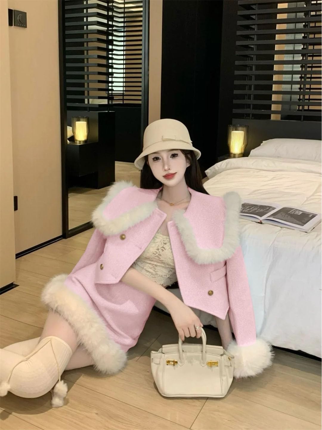 Women Winter Fashionable Elegant Warm Short Jacket Stylish Skirt 1231