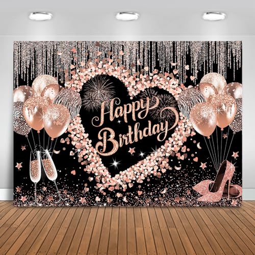 Mocsicka Women Happy Birthday Backdrop Pink Glitter Birthday Party Background Balloon Girls Sweet Love Heart Birthday Party Decorations Photo Booth Props (7x5ft)