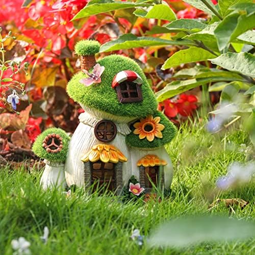TERESA'S COLLECTIONS Flocked Fairy House Garden Ornaments with Solar Lights, Waterproof Resin Flowers Mushroom with Dragonfly Statues for Patio Lawn Yard Garden Miniature Decorations, 22cm