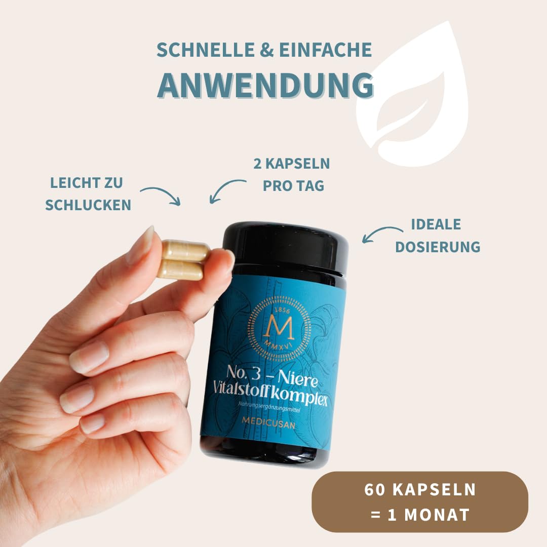 No.3 Niere – 1.200mg Goldrute – 1.200mg Zinnkraut – 1.500mg Brennnessel – 150mg Wacholderbeeren, Birkenblatt – 400mg Echte Bärentraube, Kapuzinerkresse – 2Kapseln/Tag – 60Kapseln/30Tage