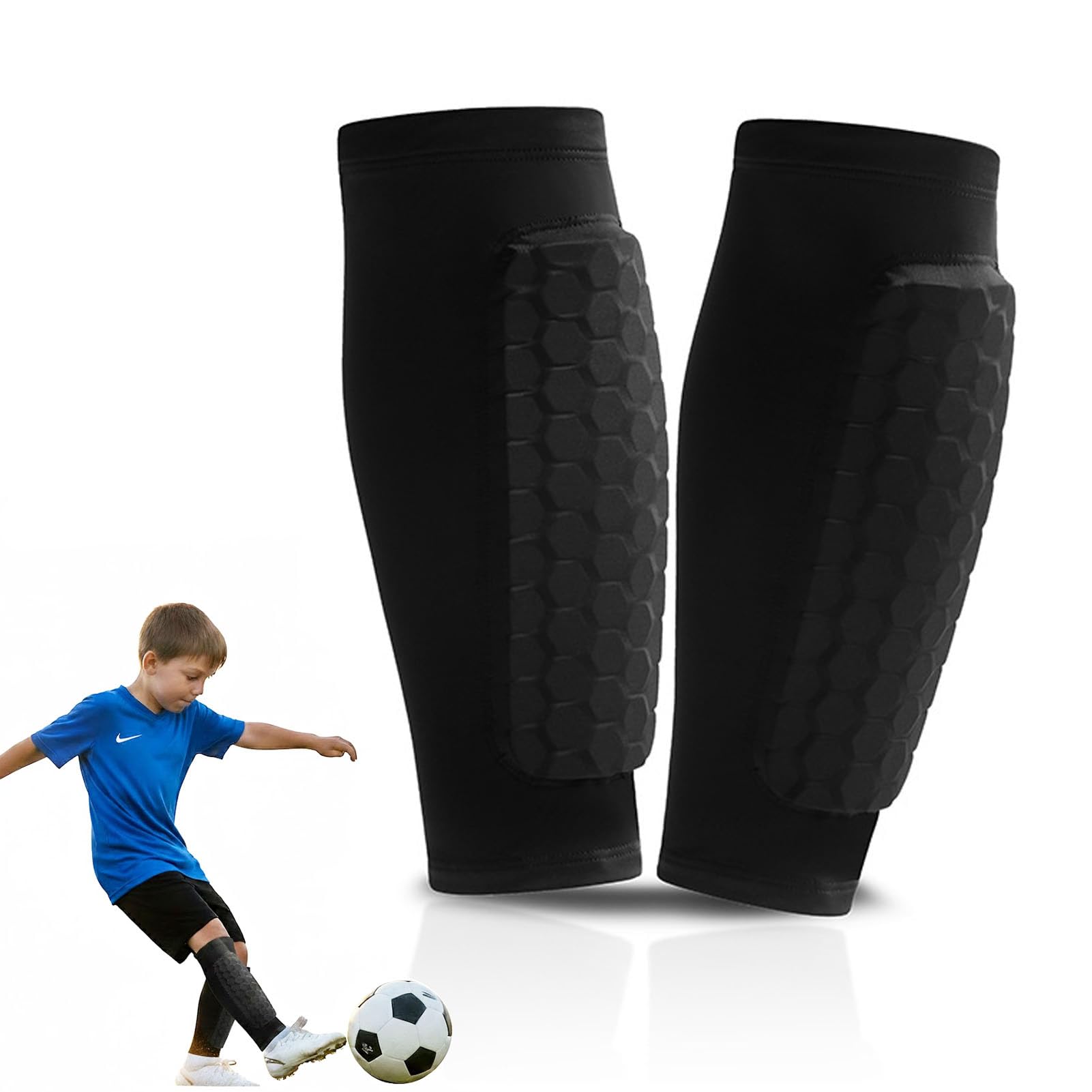 Raixleb Kids Shin Pads Boys Girls, All-In-One Shin Pad Sleeves with Honeycomb Pads for Kids Youth, Calf Compression Sleeve Football Gifts for Boys Girls Shindefender Black XS