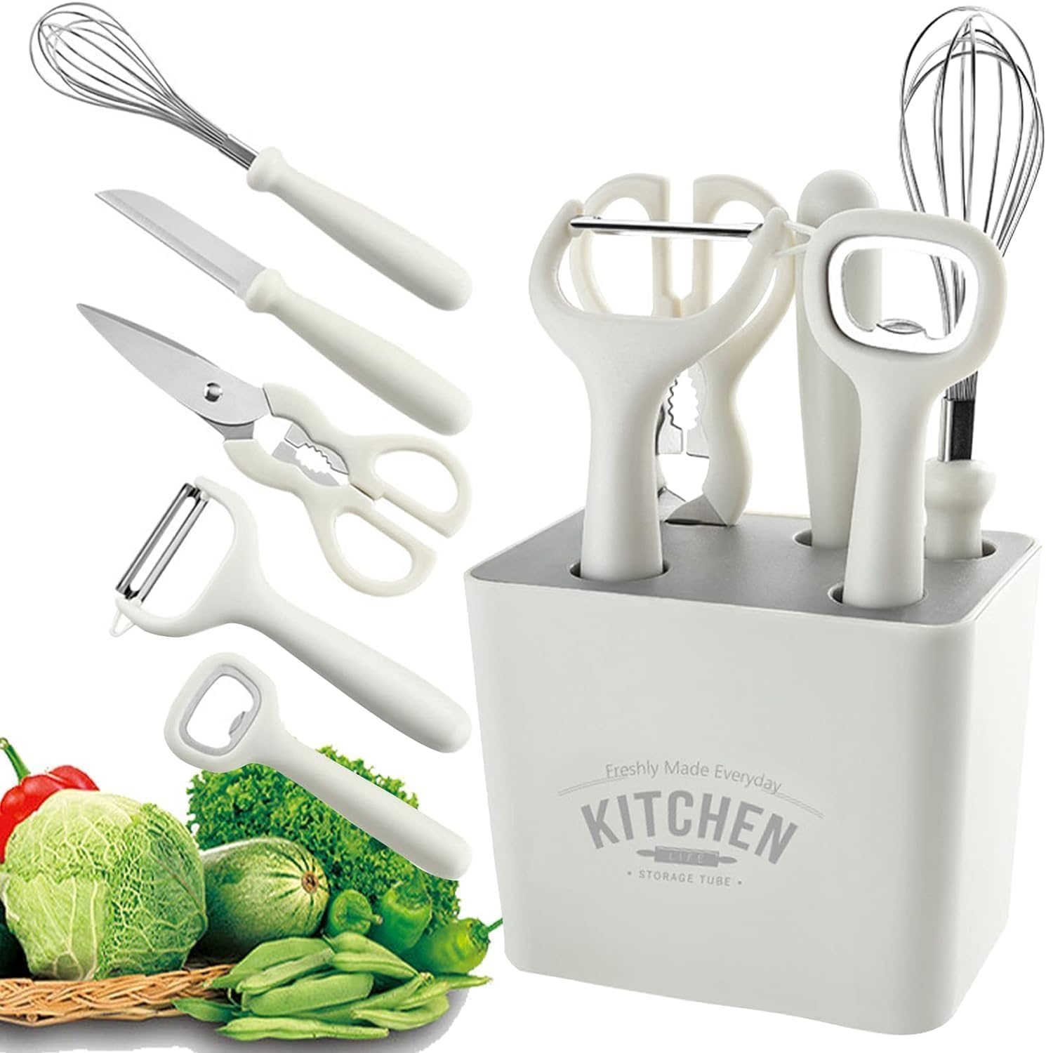 Stainless Steel 6-Piece Kitchen Gadgets Set, Kitchen Scissors, Kitchen Utensils Set with Holder, Paring Knife, Whisk, Bottle Opener, Peeler- Anti-Slip Handle, Decorative Base, White