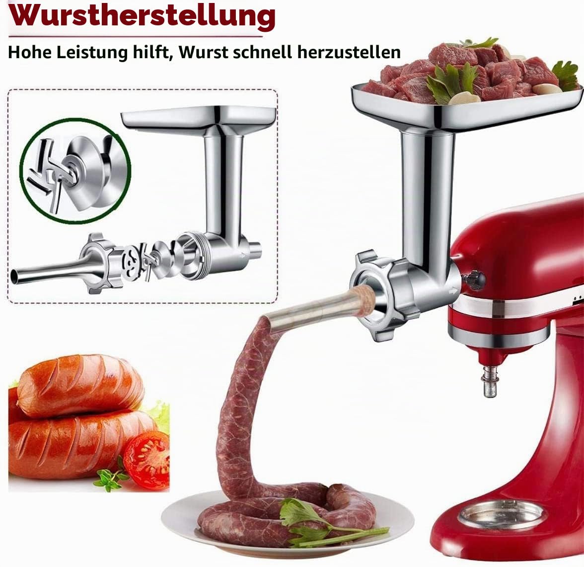 GVODE Fleischwolf-Aufsatz für KitchenAid Standmixer, inklusive 3 Wurstfüllhörner, 2 Schleifklingen, 4 Mahlscheiben und einer Reinigungsbürste – Fleischwolf-Zubehör für KitchenAid