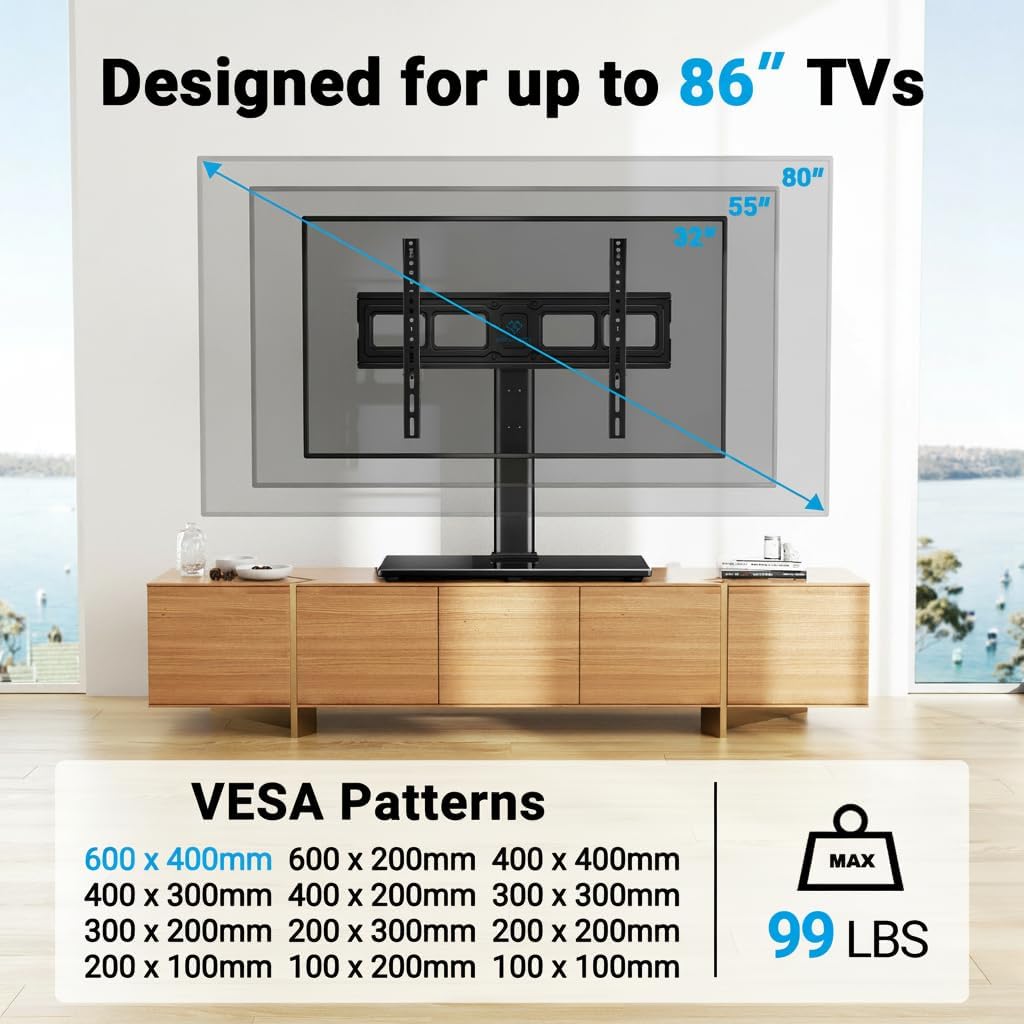 PERLESMITH Swivel Universal TV Stand Mount for 32-86 Inch LCD OLED Flat/Curved Screen TVs up to 99lbs-Height Adjustable Table Top TV Stand/Base with Tempered Glass Base&Wire Management,VESA 600x400mm - Image 2