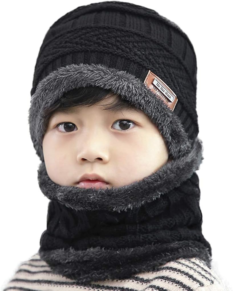 Kids Thermal Knitted Beanie Neckerchief Set Winter Soft Fleece Lining Skull Cap Neck Gaiter Girls Boys Stretchy Ski Camping Cycling Cap Muffler Circle Scarf Head Neck Warmer Black : Sports & Outdoors