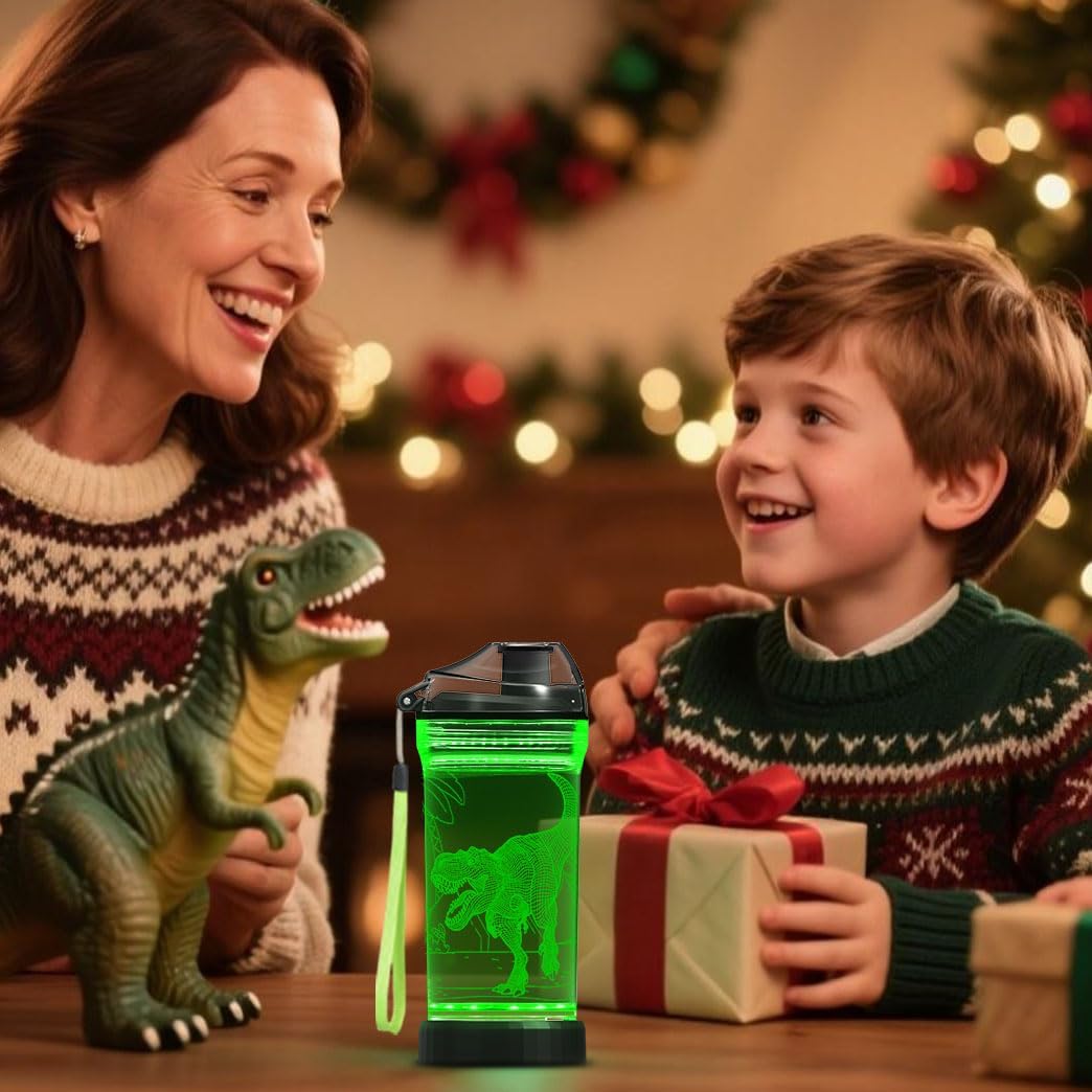 Lightzz Dinosaur Water Bottle, Dinosaur Toys for Boys 5-7 8-12 with 3D Glowing Light, Christmas Gifts White Elephant Gifts for Boys Teens, Light Up Glowing Cup 14 OZ Tritan BPA Free - Image 4