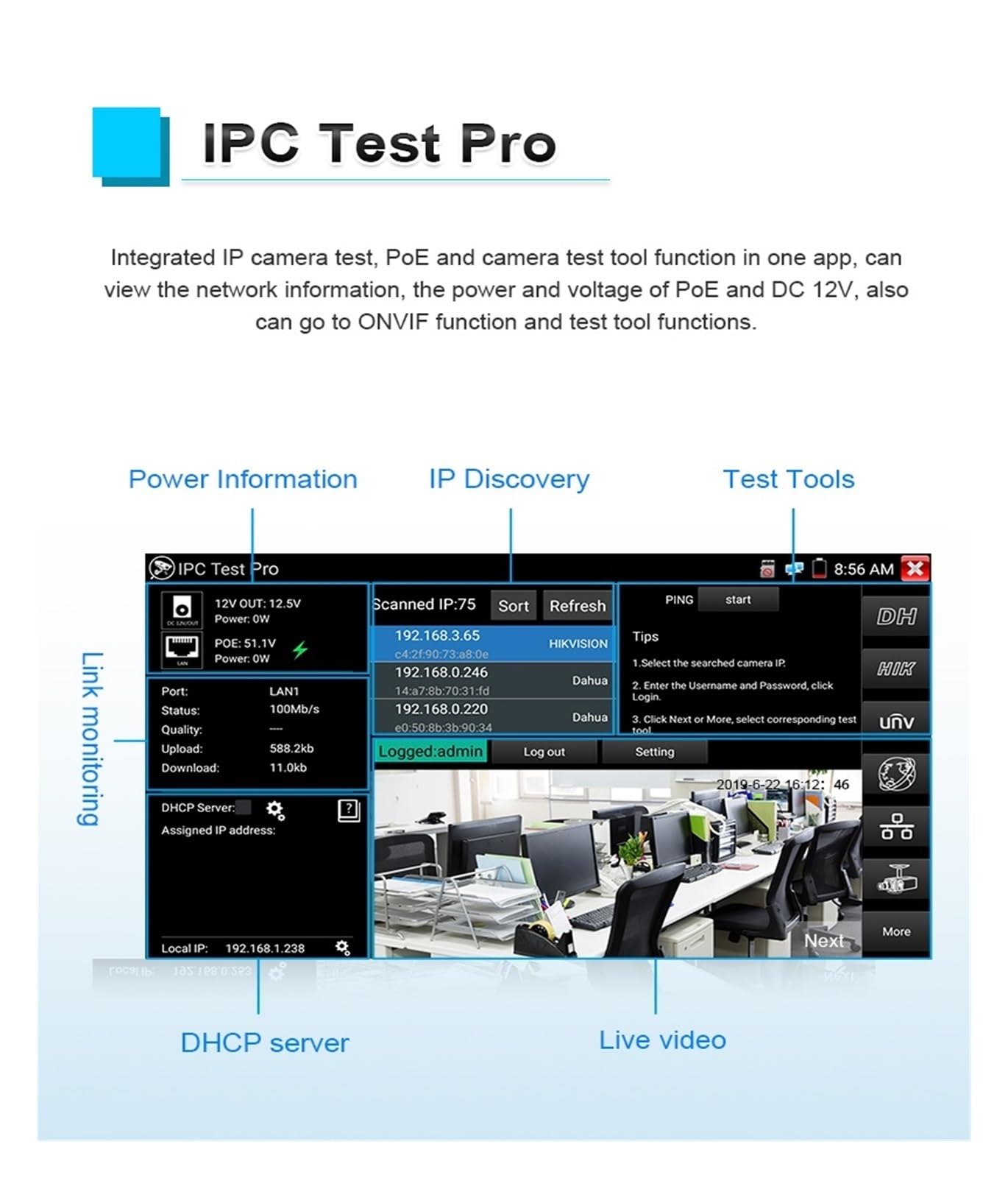 Tester CCTV IPC IPC-5200C Plus 8MP AHD CVI TVI SDI Tester For Telecamere Tester For Telecamere IP Da 12MP Tester For Cavi VGA Touch Screen Da 5.4 "(IPC-5100C Plus)