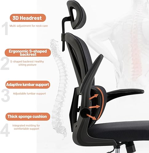 Miniatura 4 de Silla ergonómica de oficina para computadora con reposabrazos abatibles y soporte lumbar, sillas de escritorio de malla con respaldo alto para