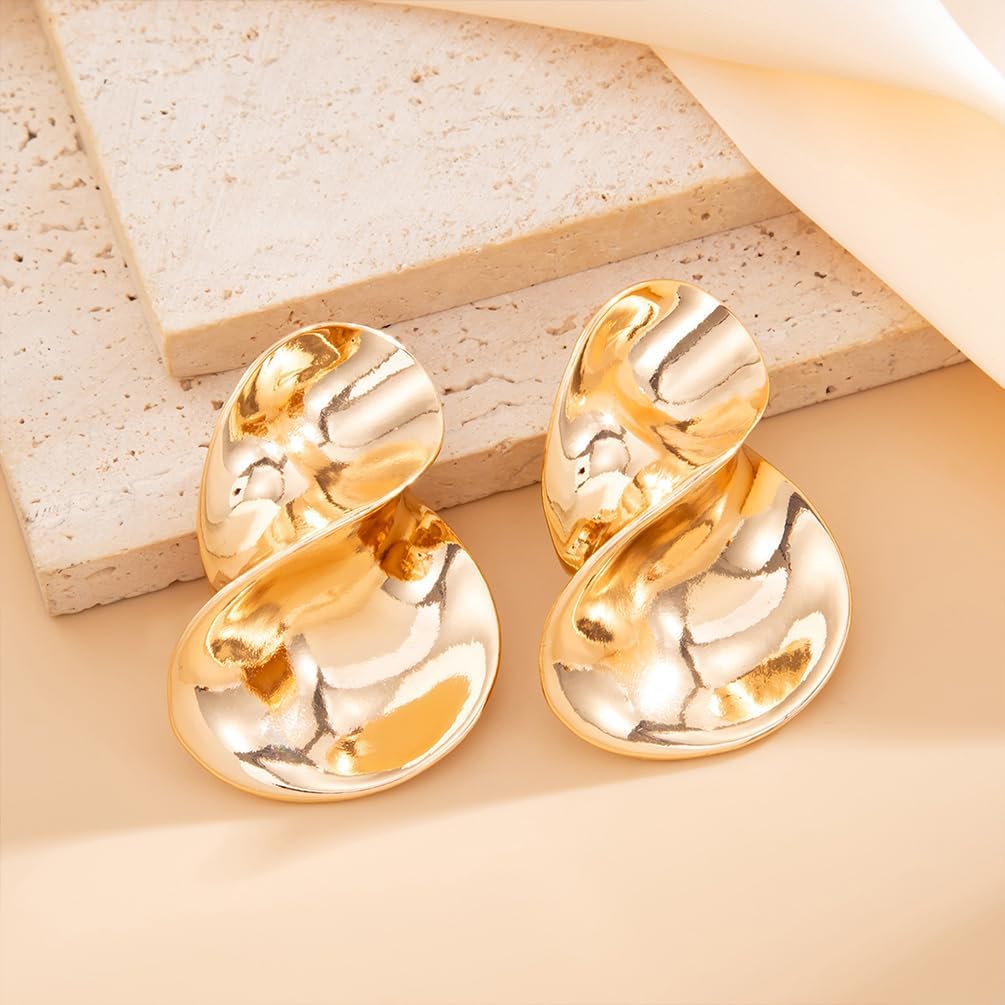 Unique Gold Polish Twisted Drop Dangle Earrings for Women, Trendy Silver Irregular Geometric Stud Earring Non Tarnish Retro Y2K Party Vacation Jewelry - Image 5