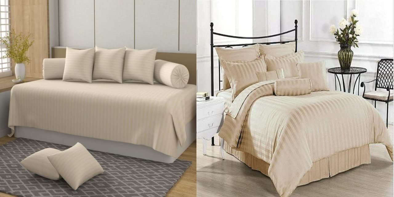Castiqa Stripes Pattern Satin Fabric Combo of Double Bed Sheet Set and Same Diwan Blend Set (Beige)-image-13