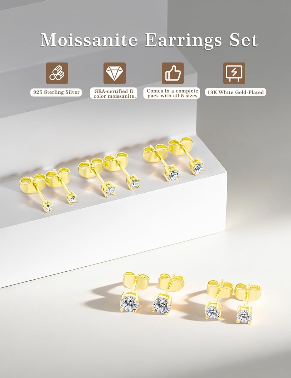 5 Pairs Moissanite Sterling Silver Stud Earrings Set for Women, Hypoallergenic, 2mm, 3mm, 4mm, 5mm