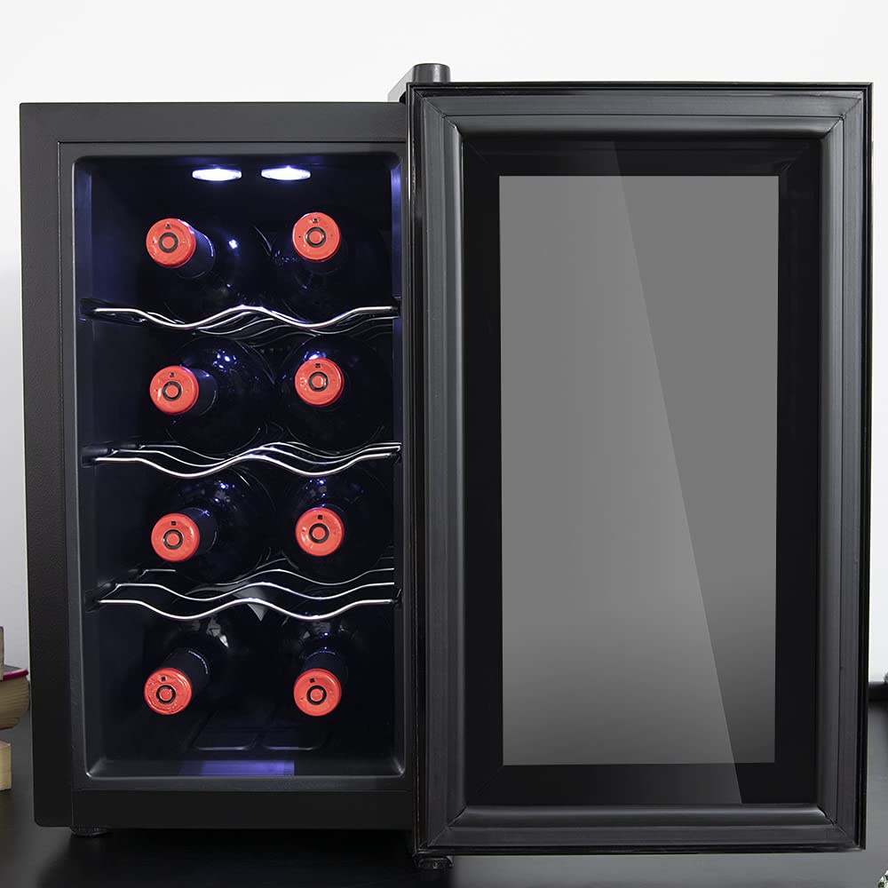 Cecotec Vinoteca Grand Sommelier 800 CoolCrystal. 8 Botellas, Capacidad de 25L, Puerta FullCrystal, Acabado de Espejo, Estantes en Acero Inoxidable, Panel táctil y Pantalla LED