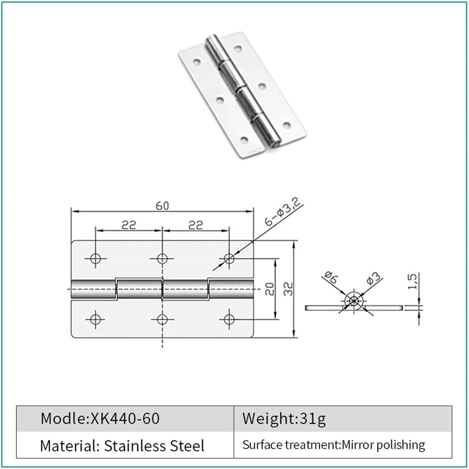 Stainless Steel Hardware Cabinet Door Hinge Cabinet Butt Hinge 60mm/75mm/100mm/150mm Length 1Pcs(XK440-60)