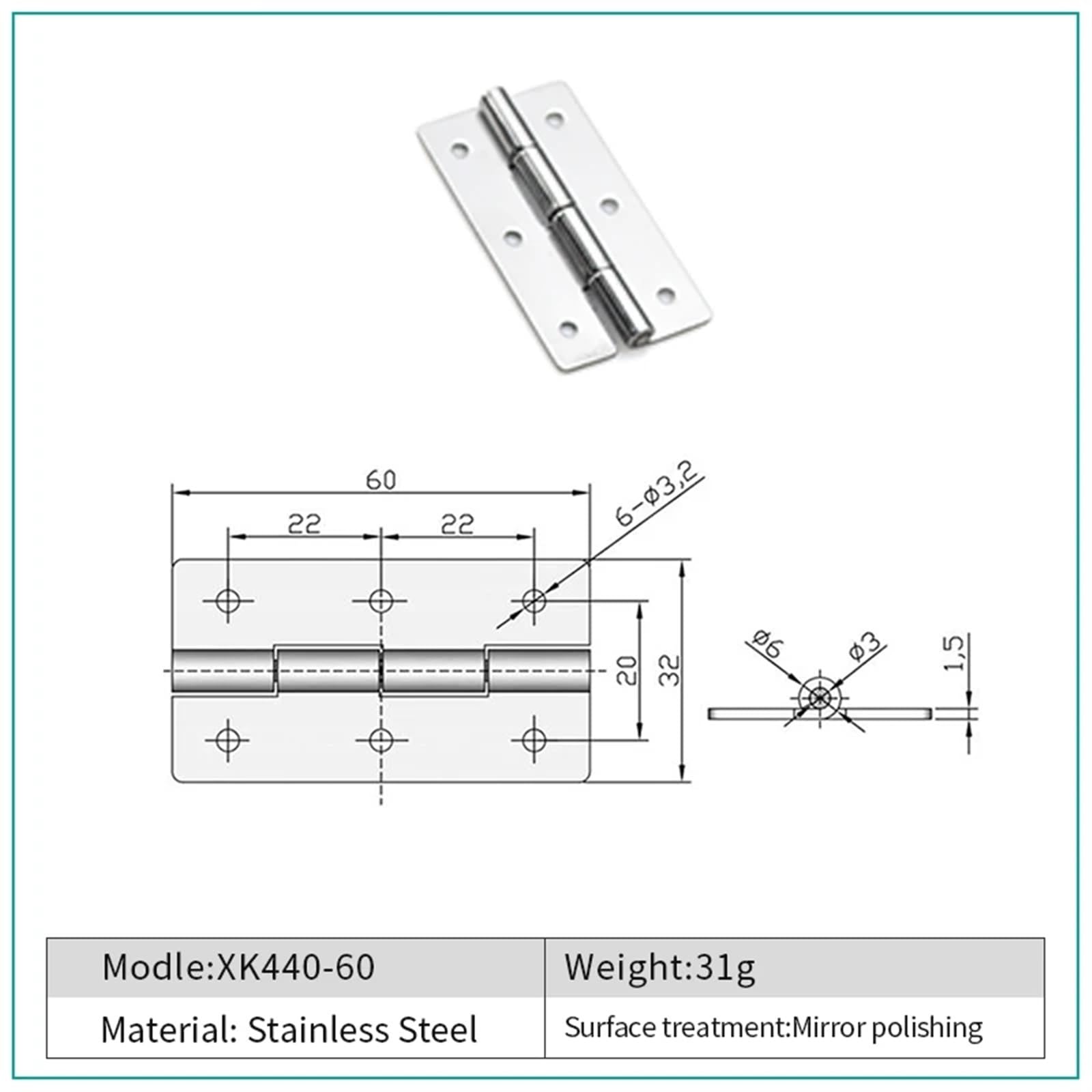 Bisagra de puerta de gabinete de Hardware de acero inoxidable, bisagra a tope de gabinete, longitud de 60mm/75mm/100mm/150mm(XK440-100)
