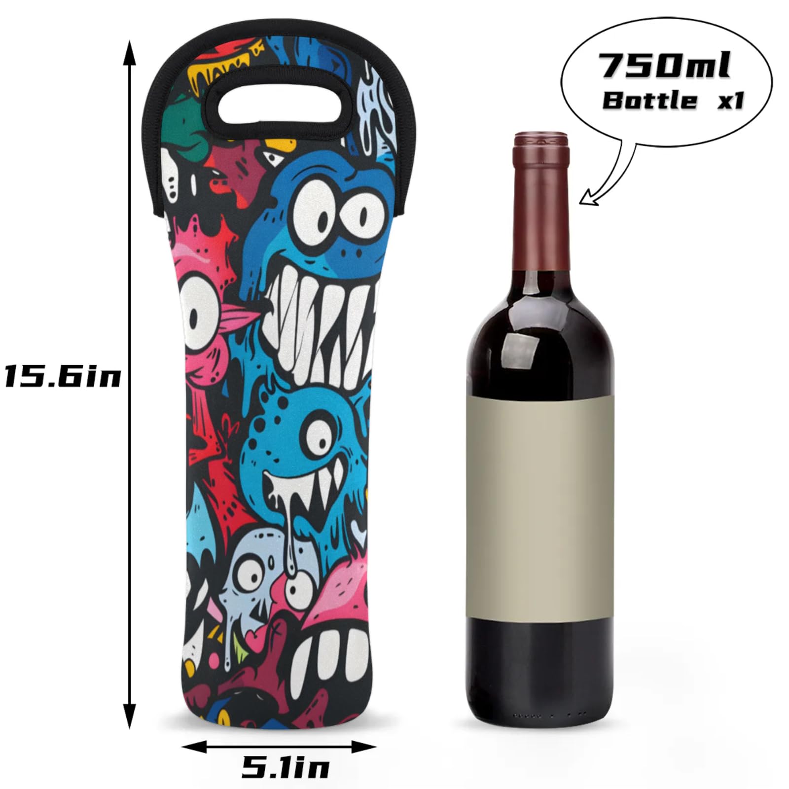 Neoprene Wine Tote Carrier Bag for Wine,Water, Champagne, Beer, Baby Bottles 15.6 x 5.1 Inches, Protective Wine Bag,Monsters