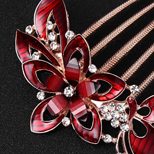 Lurrose Flower Hair Comb Crystal Rhinestone Bride Wedding Hair Comb Clips Retro Hair Side Comb Flower Hairpins Headpiece For Women Wedding Prom ( Red ) #TOP2