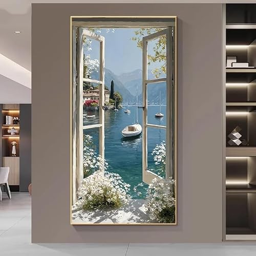 LTjiajuypd Modern Prints Abstract Serene Lake View Through An Open Window Wall Art For Decor Rooms(55X110cm)