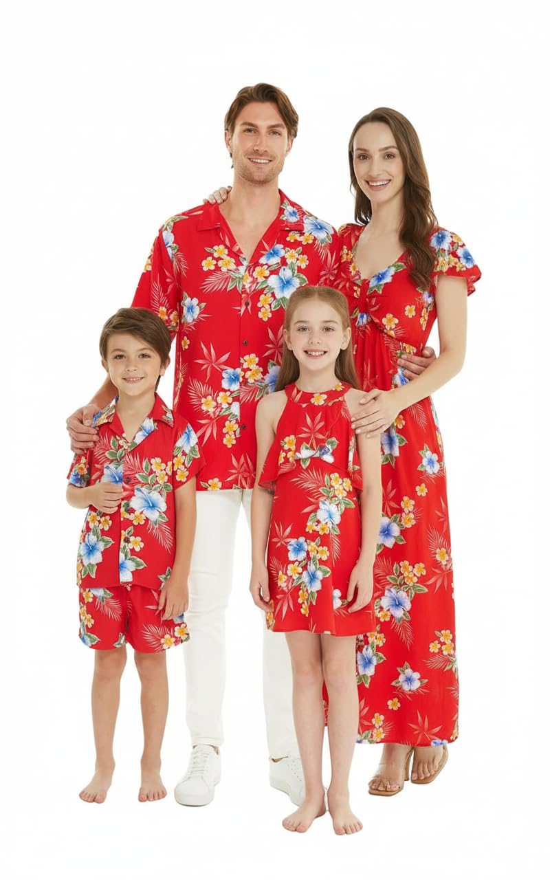 Matchable Family Hawaiian Luau Men Women Girl Boy Clothes in Hibiscus Red