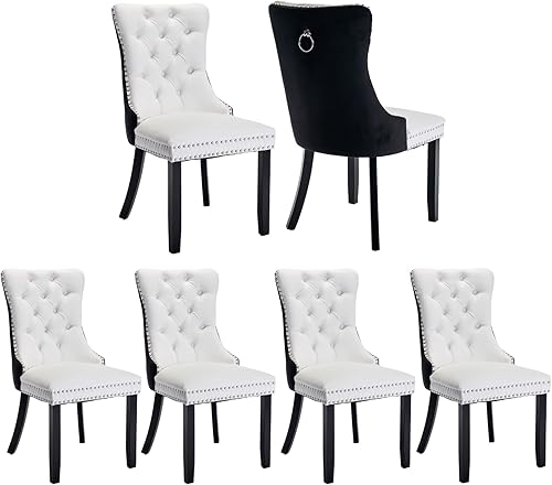 Miniatura 57 de Juego de 4 sillas de comedor de terciopelo beige, sillas tapizadas modernas para comedor con respaldo capitoné y acentos de madera, patas curvas de