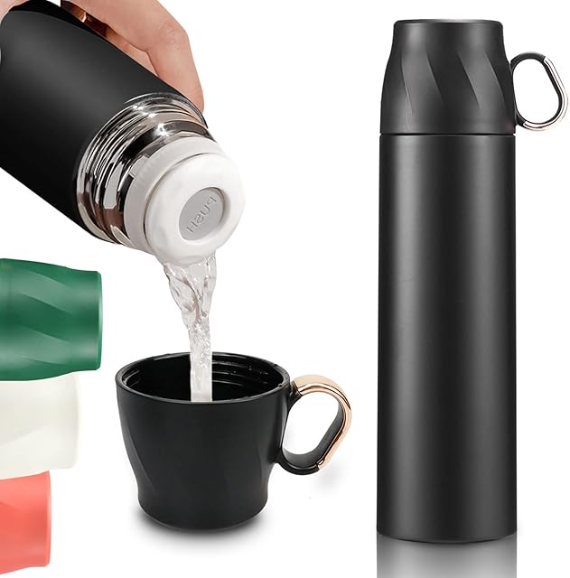 BOCHION Insulated Water Bottle, 500ML Stainless Steel Thermal Flask with Cup Lid, Double Walled Metal Vacuum Drink Flasks to Keep Cold/Hot, for Sports/Home/Office/Travel, BPA Free&Leak-Proof, Black