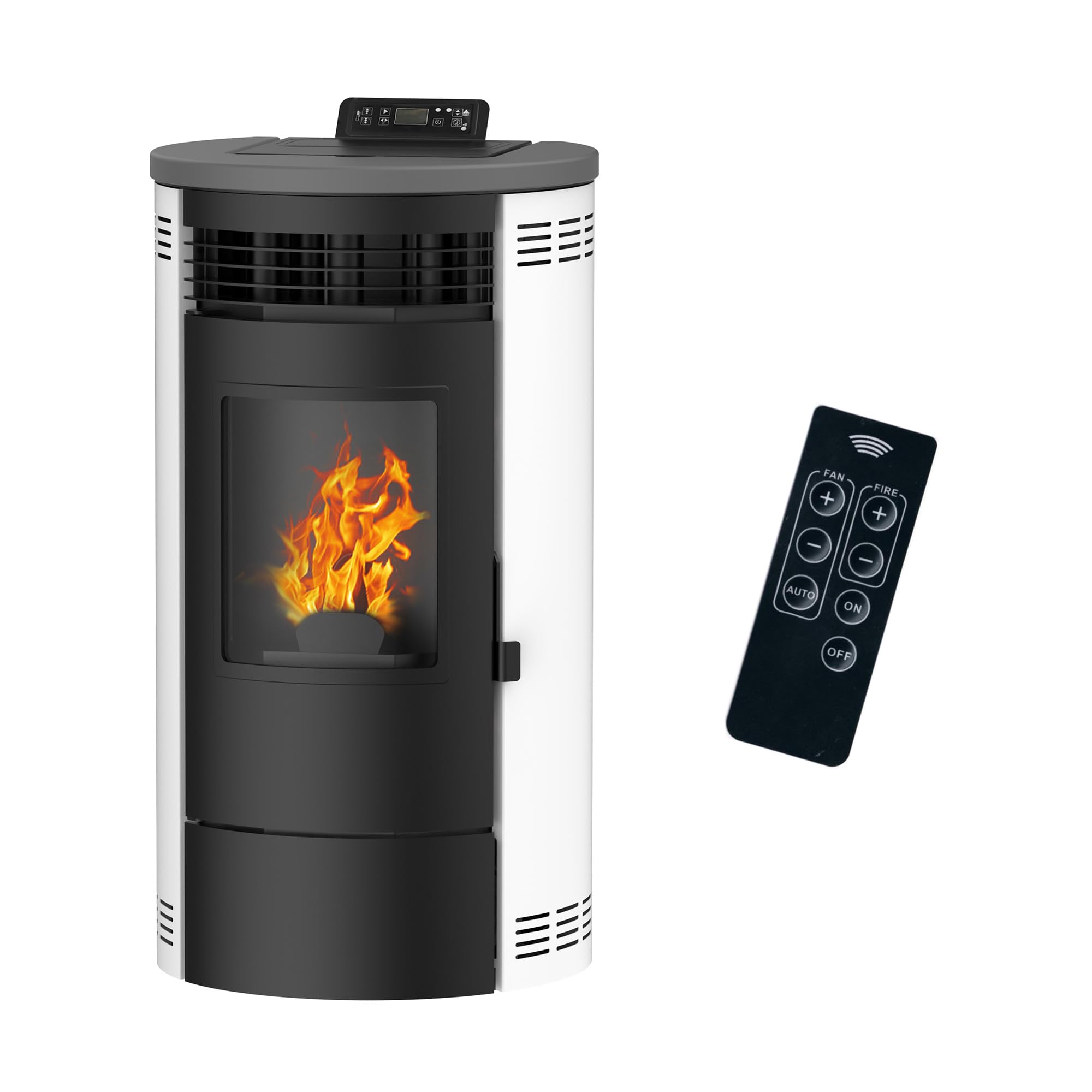 Front view of the Sannover Flavia 9.5 kW Air Pellet Stove with the door closed