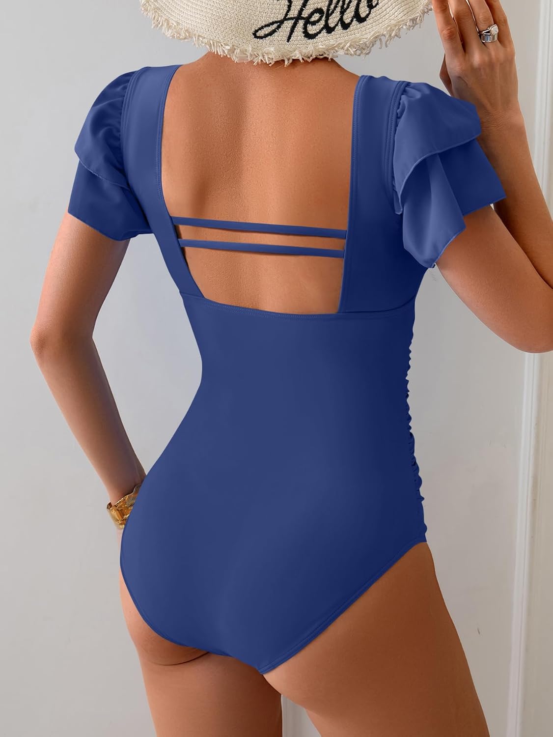 Eomenie Women's Tummy Control One Piece Swimsuit Ruffle Square Neck Bathing Suit Ruched Cutout Back Slimming Swimwear - Image 2