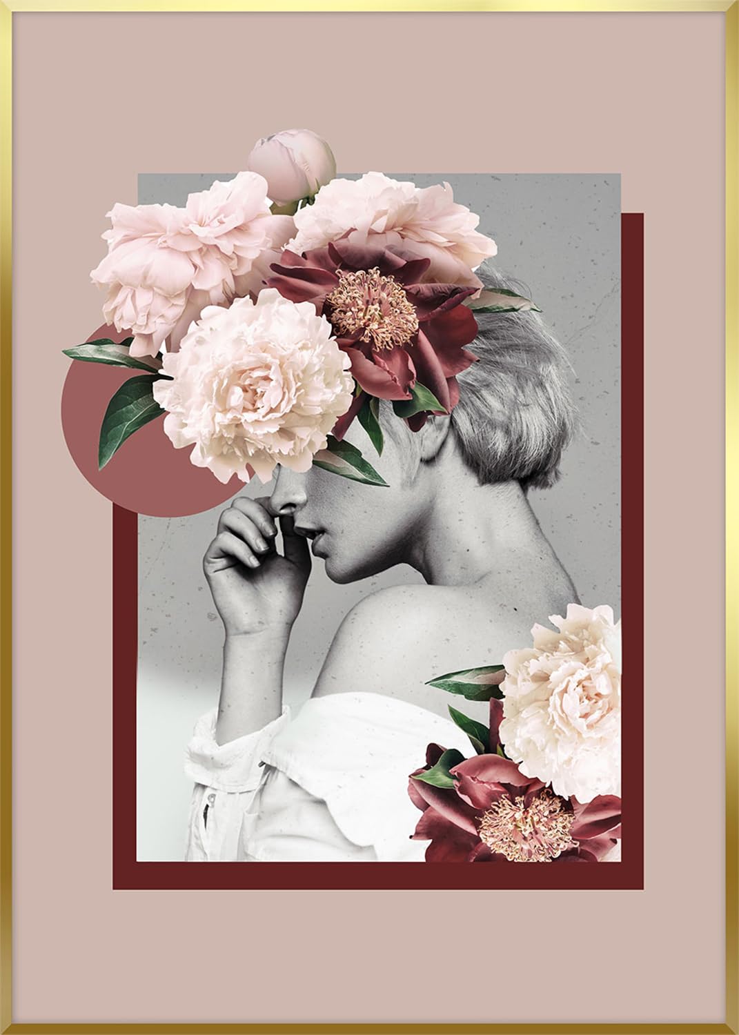 STYLER Tableau encadré B & W Girl 50 x 70 cm I Artbox Cadre doré femme fleurs rose moderne bouquet noir et blanc Décoration murale pour salon chambre à coucher Décoration murale avec
