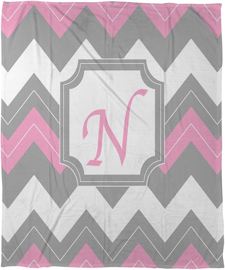 Manual Woodworkers & Weavers Coral Fleece Throw, 60 by 80-Inch, Monogrammed Letter N, Pink Chevron
