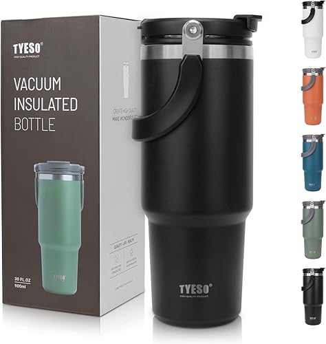 Vaso de 30 onzas con asa y tapa con popote, botella de agua aislada al vacío de doble pared de acero inoxidable para oficina, hogar, deporte o