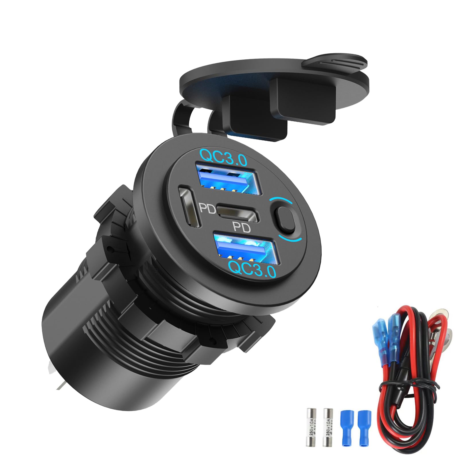 Dual PD 30W USB C Port and Dual Quick Charge 3.0 Port 12V USB Outlet with Power Switch, 78W Multiport Car Charger Socket Waterproof DIY Accessories for Car Boat Marine Motorcycle RV ATV Golf Cart