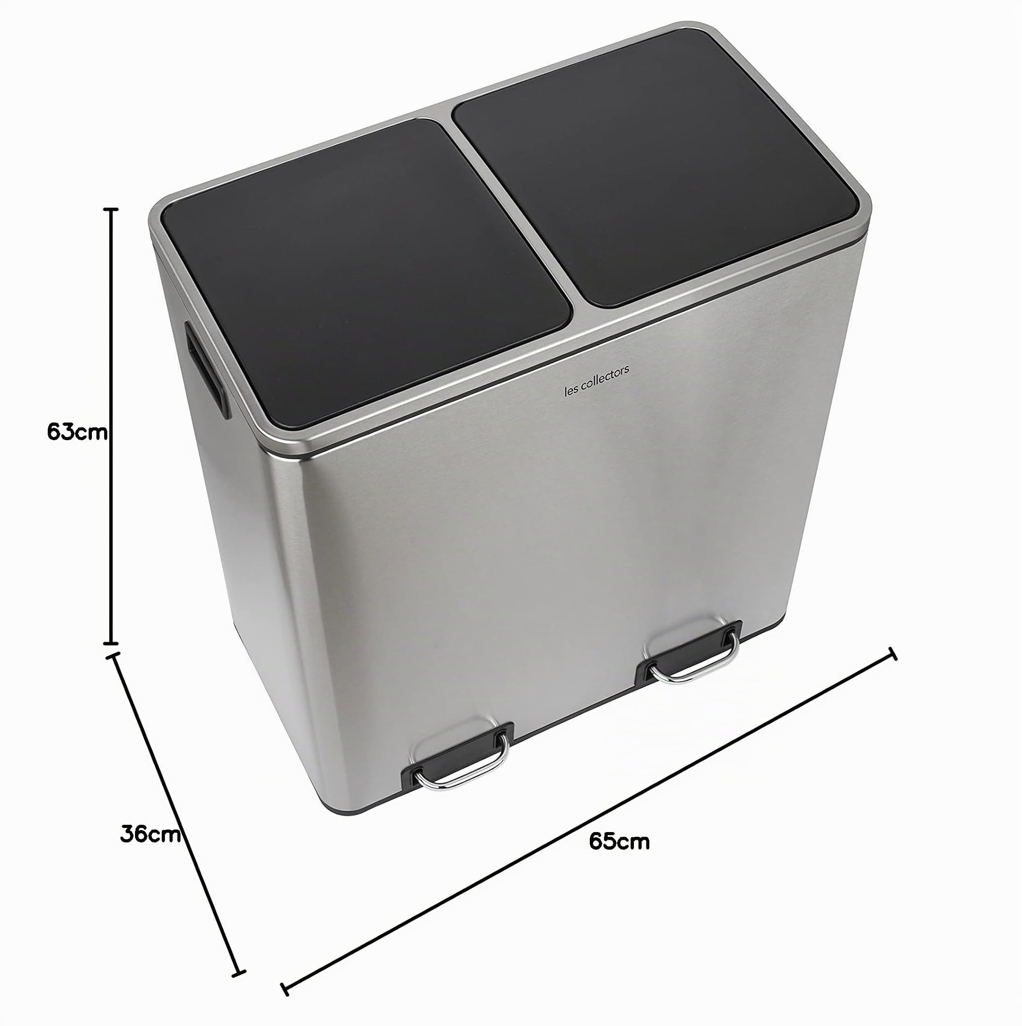 Les Collectors Mülleimer N°904, 60 L, passend für 30–60-Liter-Säcke, 2 Fächer 30 L, Küchen-Tretabfalleimer Edelstahl, Fassungsvermögen, herausnehmbarer Inneneimer, elegantes Design, Silber